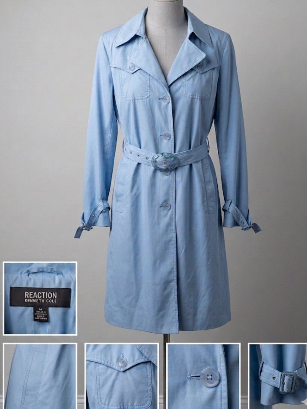Kenneth Cole Reaction Periwinkle Blue Trench Coat Womens L Single Breasted Belt